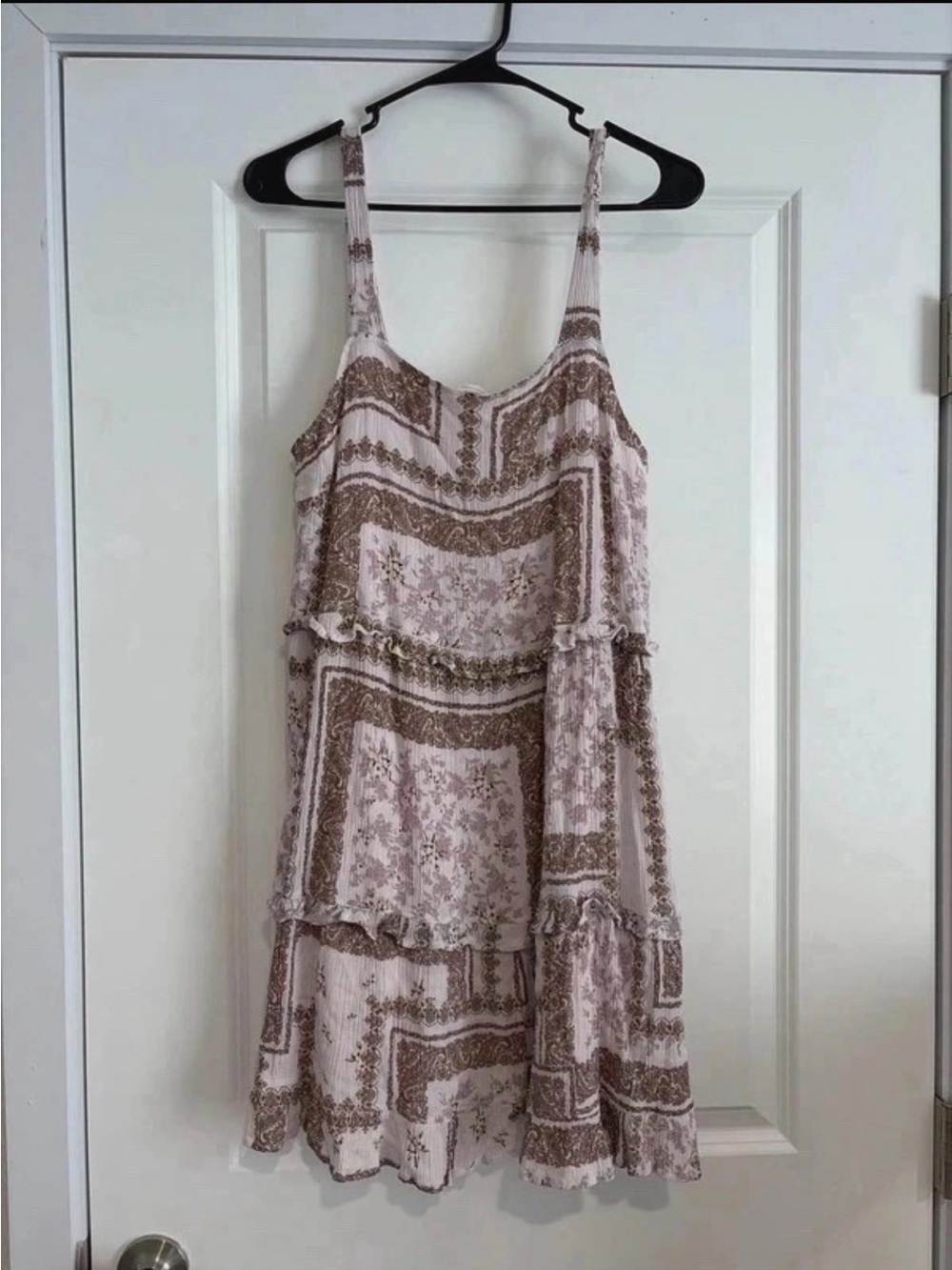 BE COOL Pink and Brown Boho Tiered Spaghetti Strap Mini Dress
